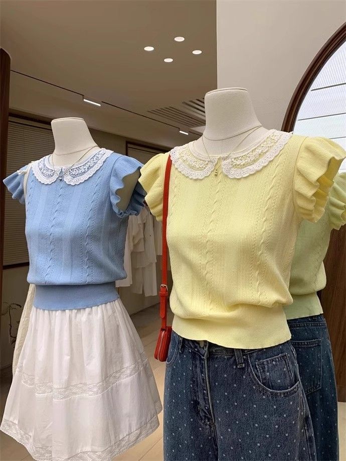 Lace spliced ​​ice silk sweater in summer new sweet and cute style T-shirt temperament slim pullover top for women