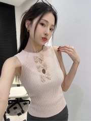 夏季薄款清涼純欲甜美辣妹法式甜辣立體花朵無袖針織背心顯瘦純色