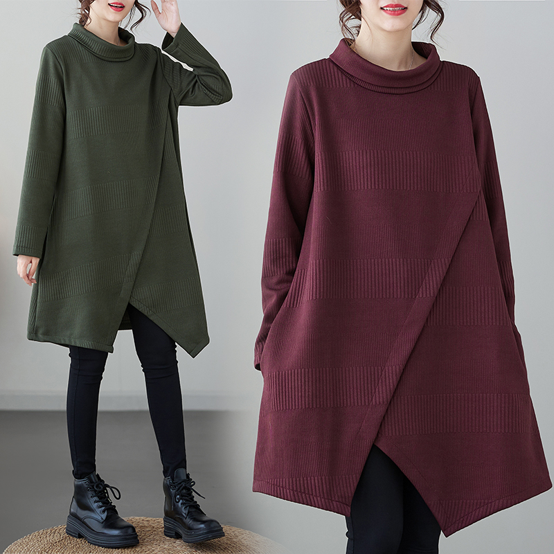 Photographed Autumn/Winter New Inconsistent Large Size Women's Korean Thick Interwoven Cotton High Neck Dress