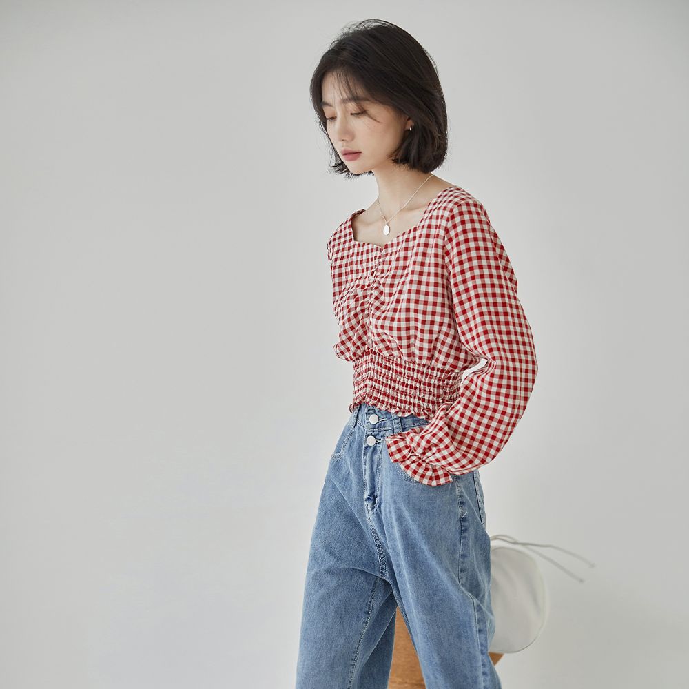 Real shot of 2025 retro girl ~ plaid slim V-neck short shirt for women new sweet top