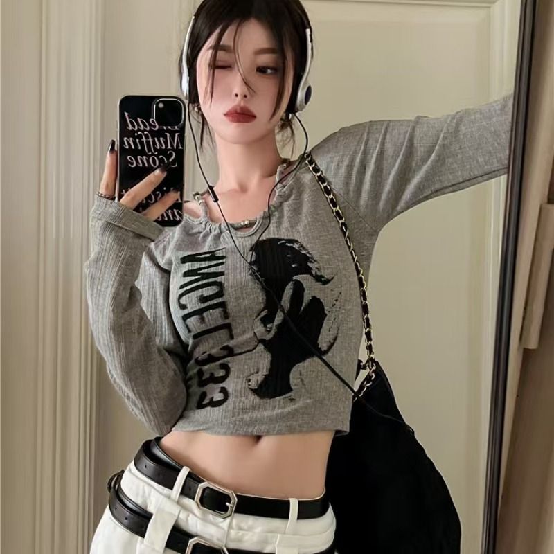 ins Korean style sweet hot girl short top spring and autumn design niche American unique long-sleeved T-shirt