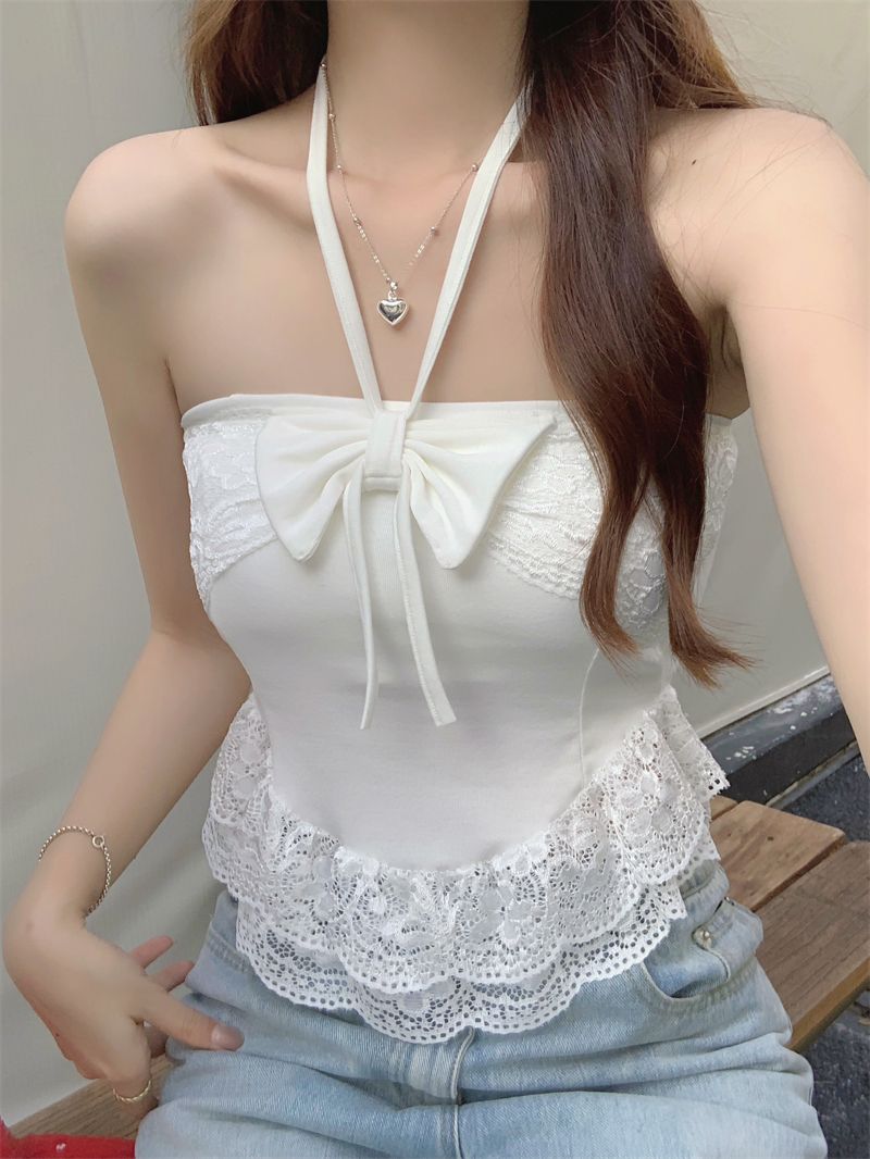 Real shot Real French sweet bow lace halter neck vest slim and versatile top with chest pad