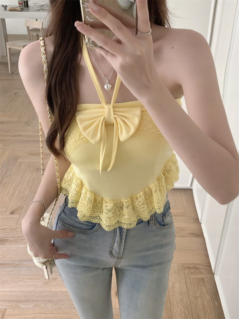 Real shot Real French sweet bow lace halter neck vest slim and versatile top with chest pad