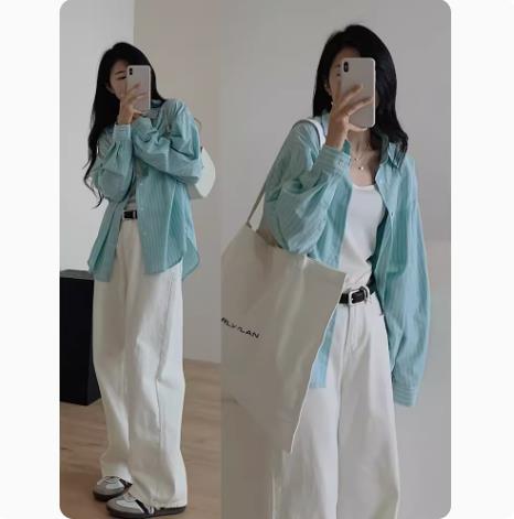 Mint blue green striped shirt for women 2025 new top design niche shirt jacket spring and autumn summer