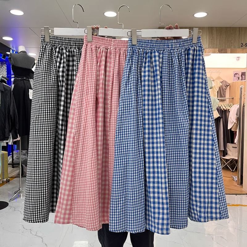Korean fresh blue plaid skirt mid-length A-line skirt for women in summer new literary skirt temperament long skirt