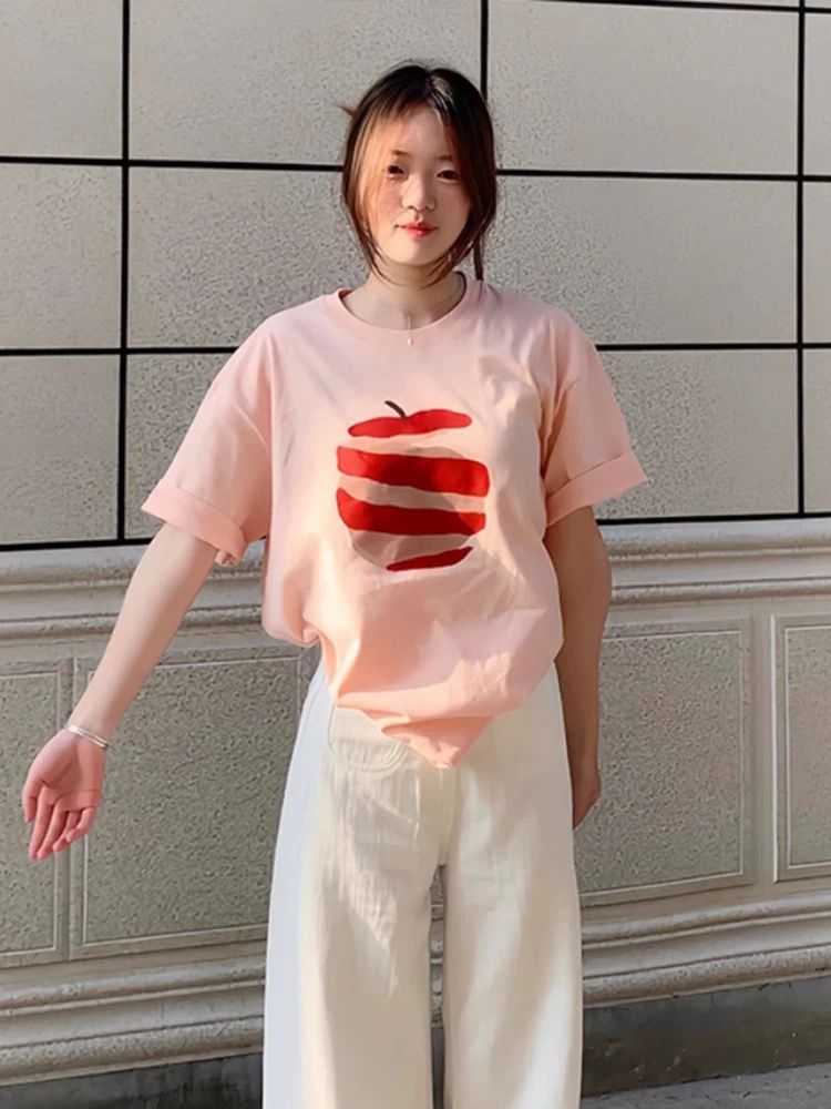 200g combed and tight-fitting sprinkler, pure cotton backpack, spring and summer loose shoulder printed short-sleeved T-shirt