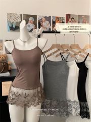 Real shot of 2025 spring embroidered tulle hem lace splicing skirt layered with base vest suspender skirt