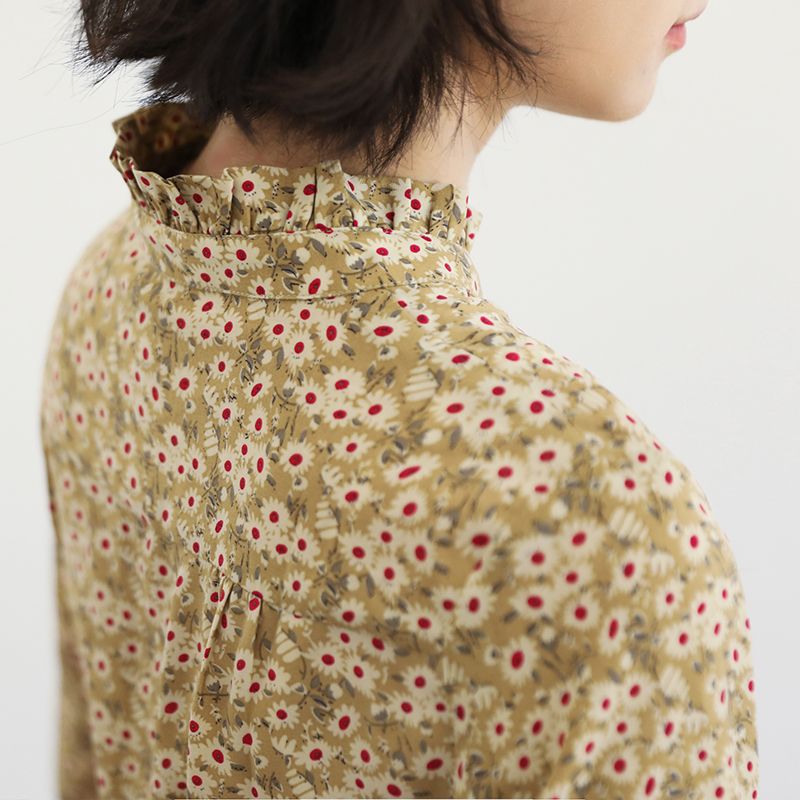 Real photo of women's long-sleeved shirt 2025 new loose stand collar floral fresh base shirt