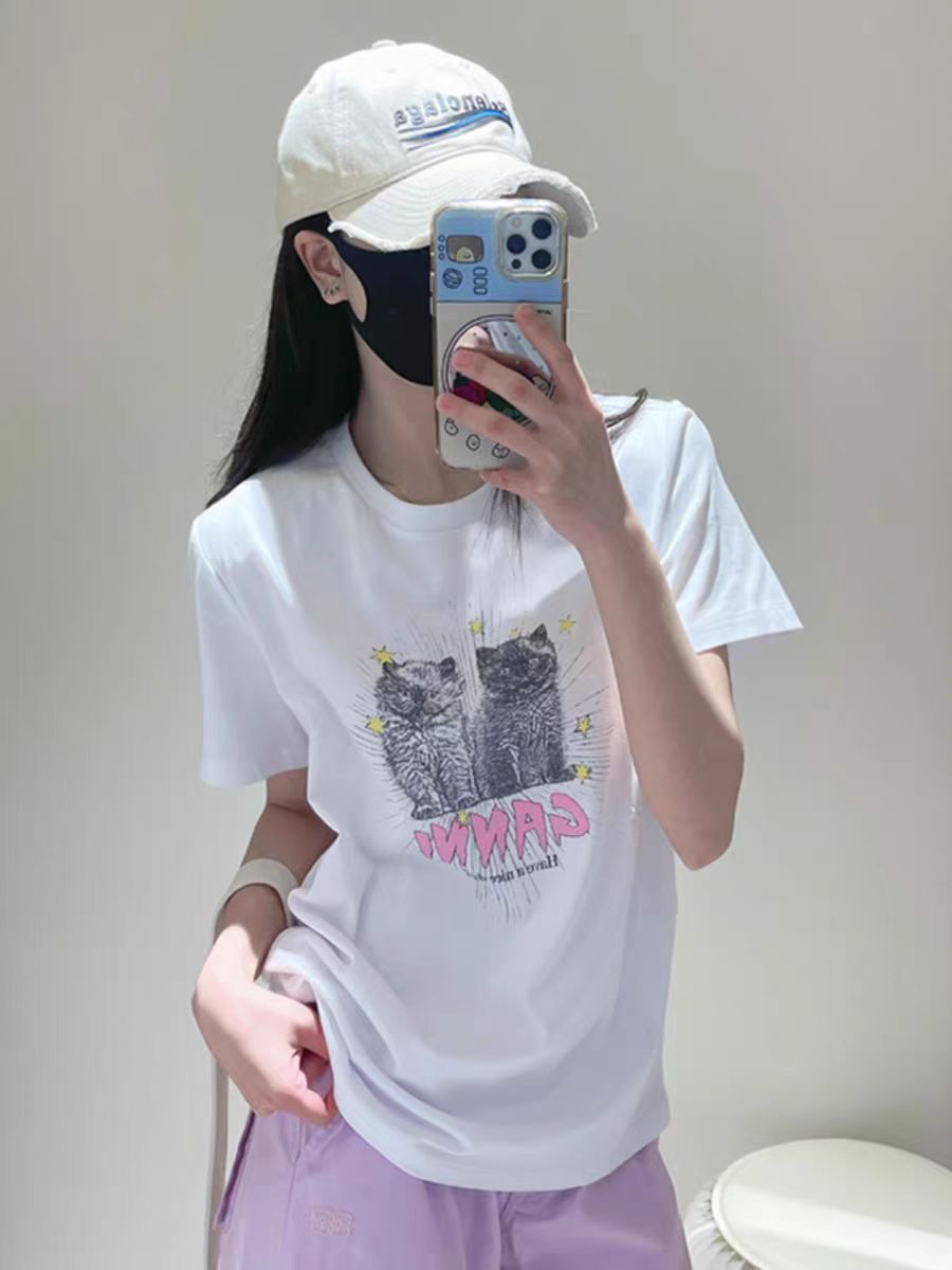 200g combed and tight-fitting sprinkler, pure cotton backpack, spring and summer loose shoulder printed short-sleeved T-shirt