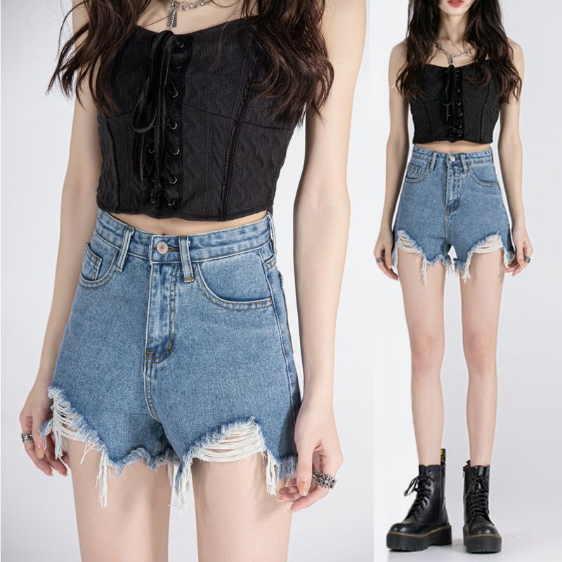 All-match Korean version of ripped denim shorts in spring and summer new high-waisted slim and loose wide-leg A-line denim hot pants