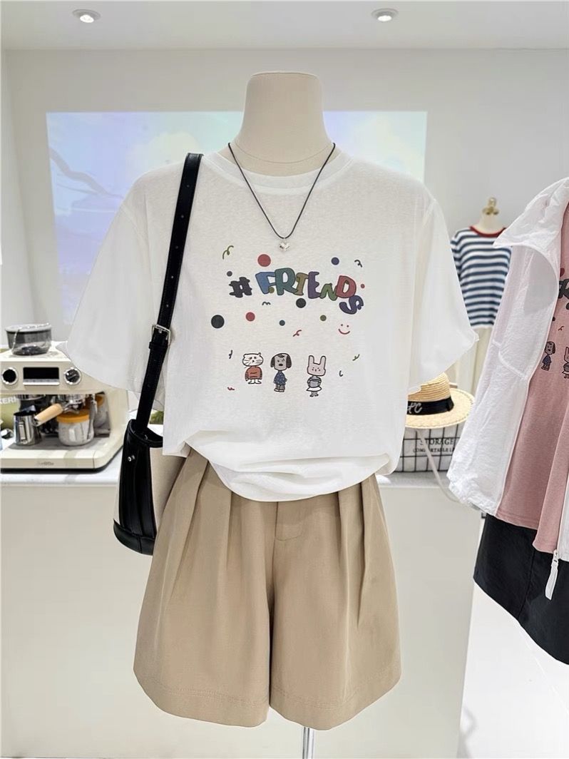 200g combed and tight-fitting sprinkler, pure cotton backpack, spring and summer loose shoulder printed short-sleeved T-shirt