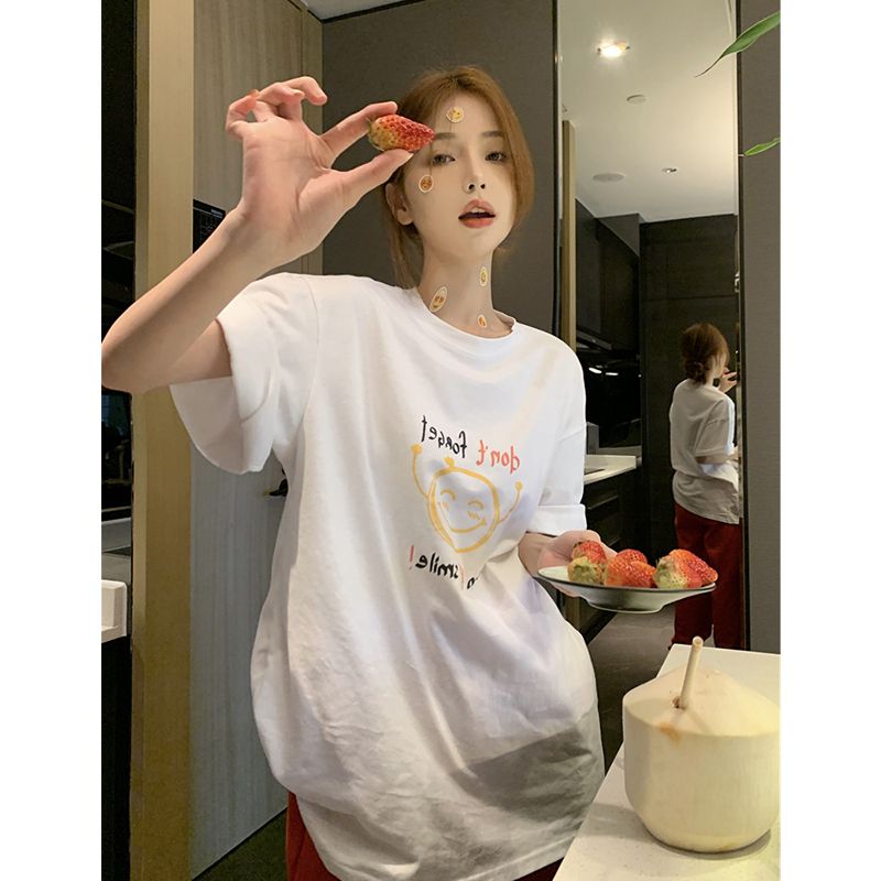 200g combed and tight-fitting sprinkler, pure cotton backpack, spring and summer loose shoulder printed short-sleeved T-shirt