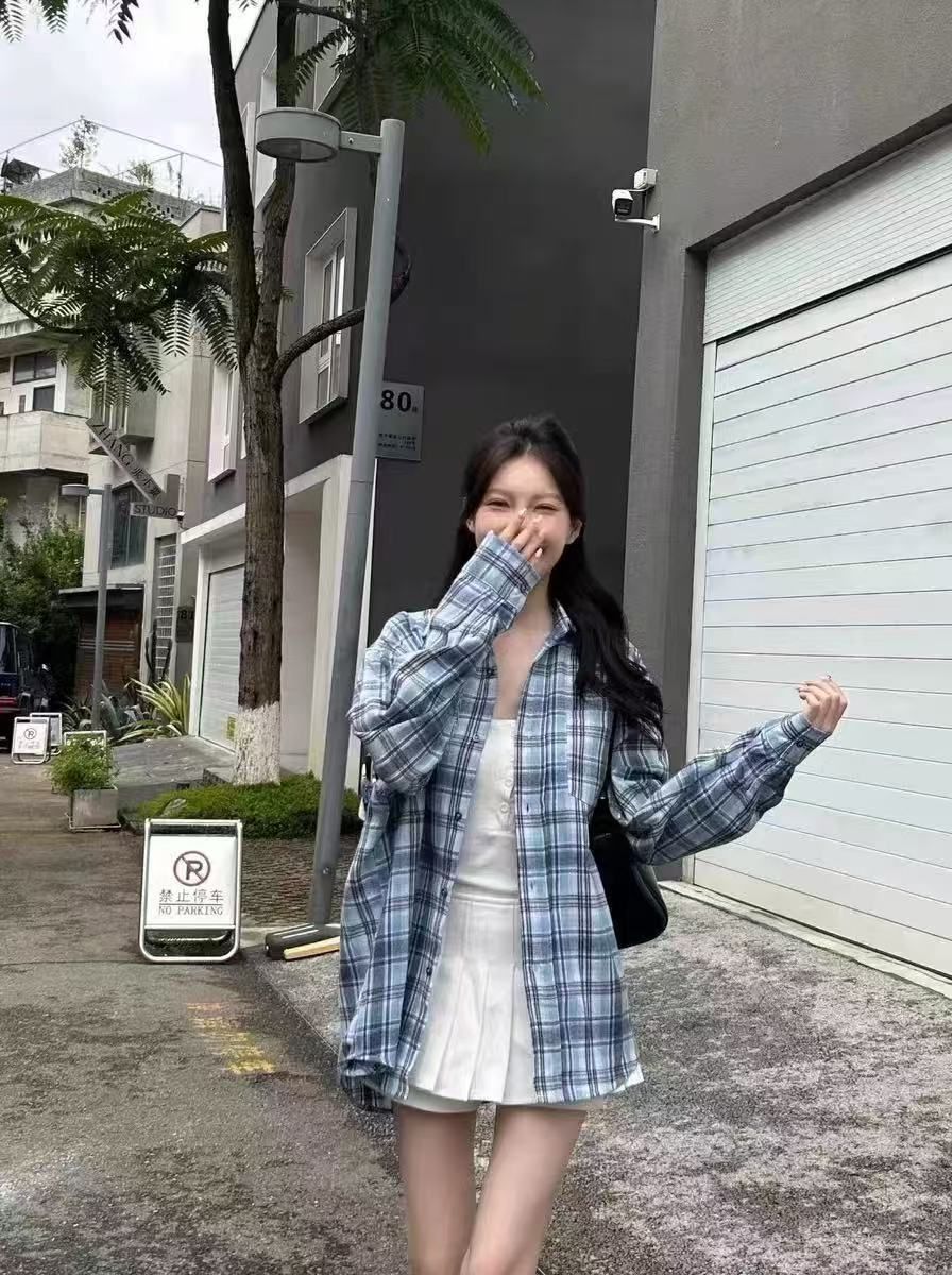 藍色格子POLO領長袖休閒襯衫女春季寬鬆顯瘦襯衣百搭chic開衫上衣