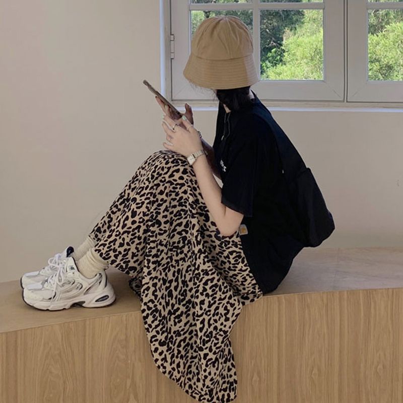Little leopard print flower high waist slim skirt spring and summer small person artistic A-line skirt irregular midi skirt