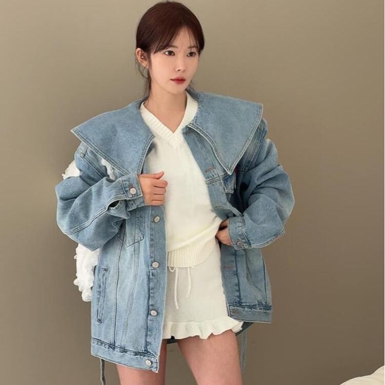 New spring lapel loose belt tying denim jacket