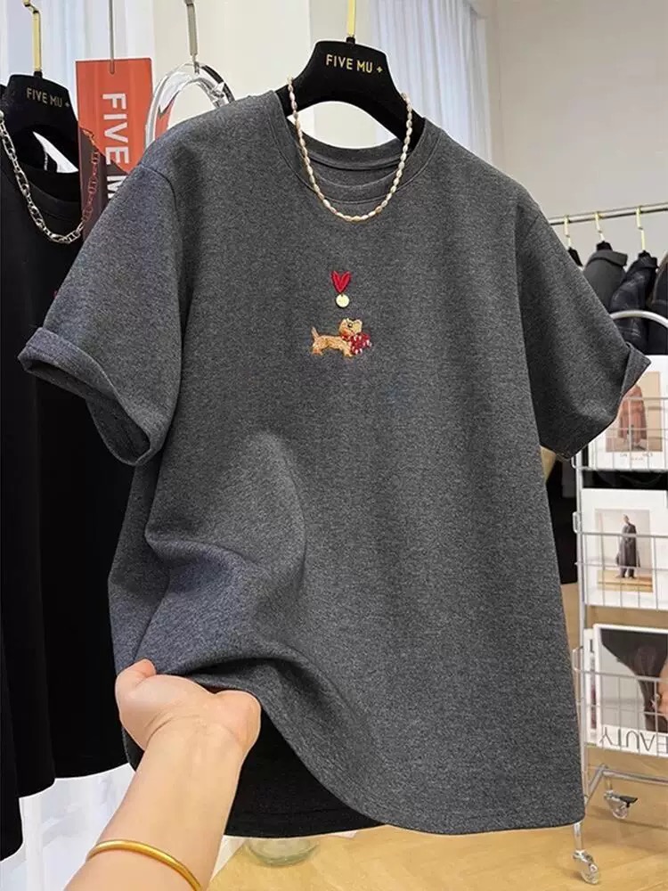 手工縫+刺繡+21支超爽棉210克特大碼240斤重工刺繡短袖女