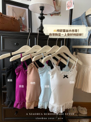 Real shot of white suspender vest slim-fit layered inner ballet style lace hem base top