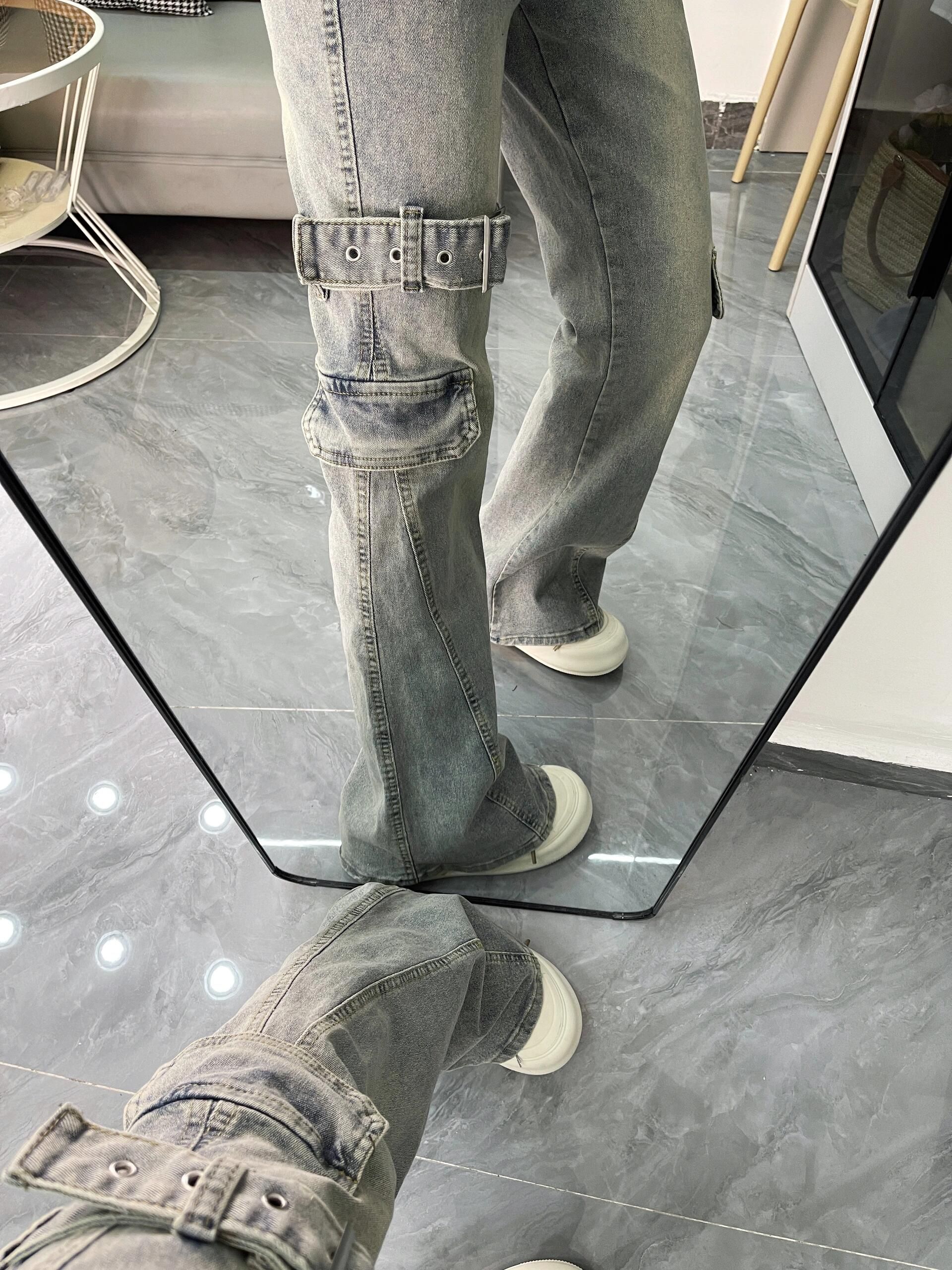 American retro splicing design micro-flare jeans for women slim fit slim horseshoe floor pants