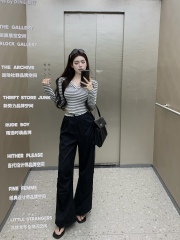 Real shot!  Retro striped slim hooded top design lace spliced ​​high waist wide-leg pants two-piece set