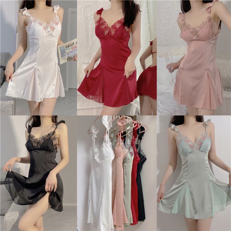 Real shot of new pure and sexy pajamas suspender skirt backless nightgown ice silk ruffle leaf skirt