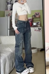 American retro multi-pocket jeans female hot girl pear-shaped body loose and slim straight wide-leg floor pants
