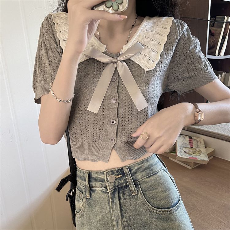 Bow contrast color doll collar cardigan knit sweater women's summer small and fashionable short top