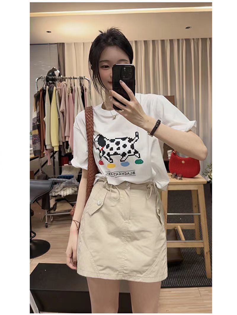 200g combed and tight-fitting sprinkler, pure cotton backpack, spring and summer loose shoulder printed short-sleeved T-shirt