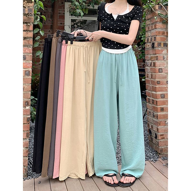 Real shot!  2025 new loose slim wide-leg pants elastic waist drawstring straight solid color casual pants trousers for women