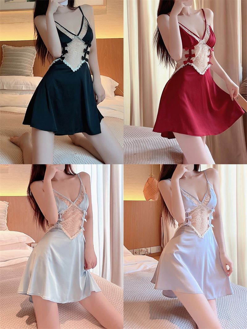 Real shot of new sexy backless temptation deep V comfortable pajamas bow suspender skirt nightgown home clothes