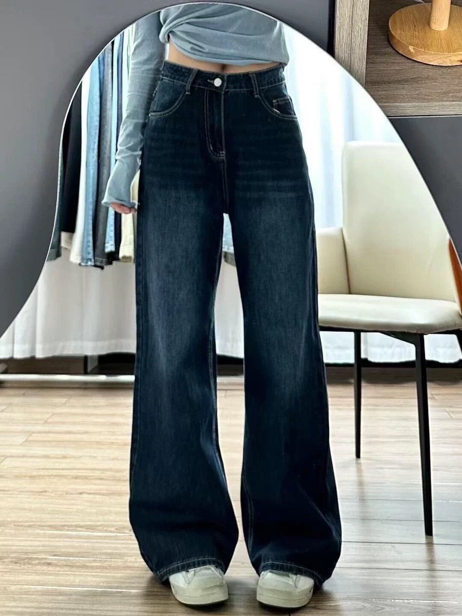 American retro high waist wide-leg jeans for women in spring 2025 new style small loose slim draped straight pants