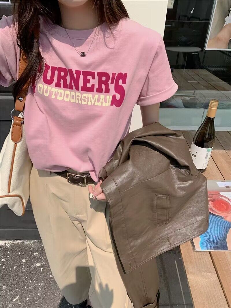 200g combed and tightly sequinated pure cotton back bag strips Spring and summer loose shoulder printed short-sleeved T-shirt