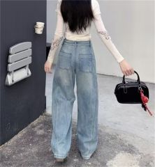 Real-shot wide-leg jeans for women in spring retro washing loose high waist straight-leg pants versatile slim floor-length trousers