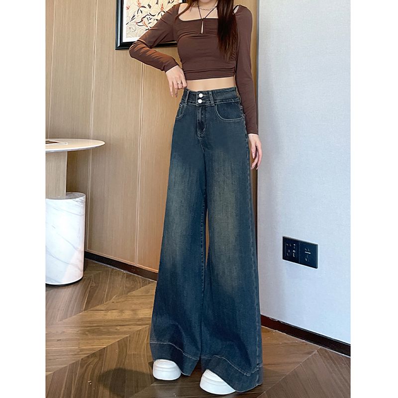 All-match trendy and fashionable double button floor jeans for women in spring and autumn design high waist slimming wide-leg jeans