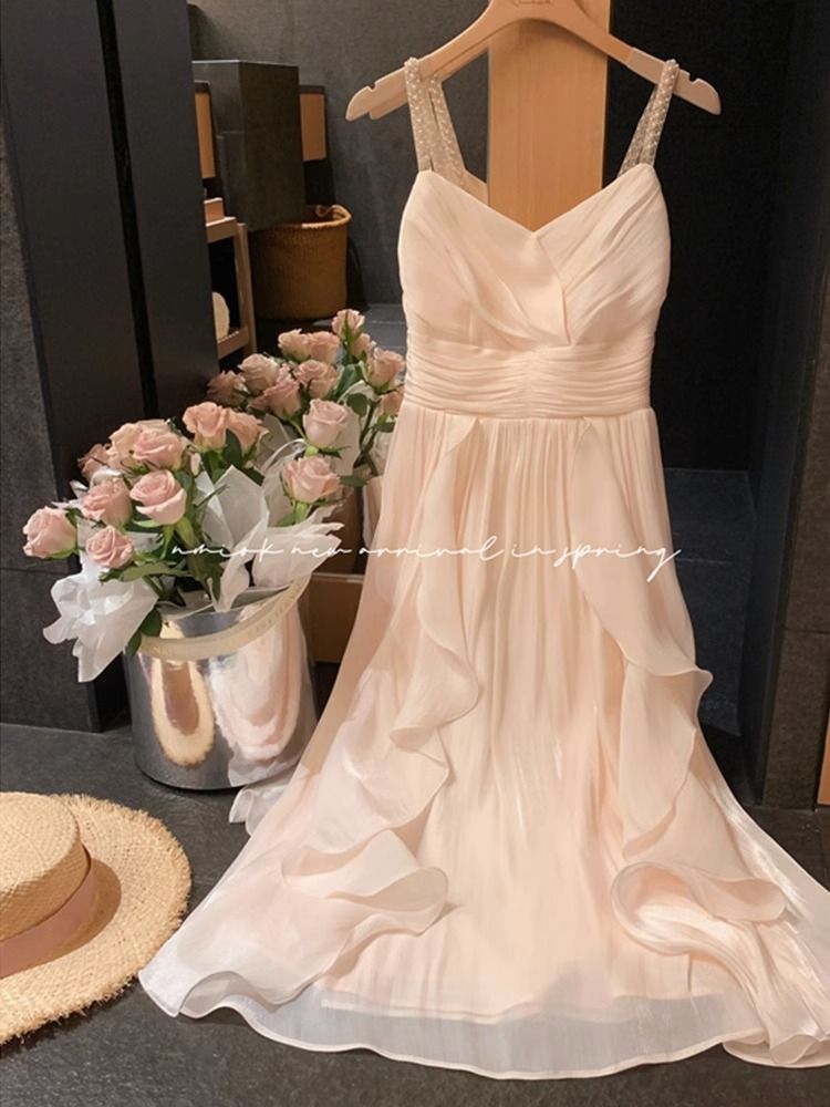 First sunny independent French high waist pleated ruffled chiffon dress for women summer high-end vacation fairy suspender long skirt