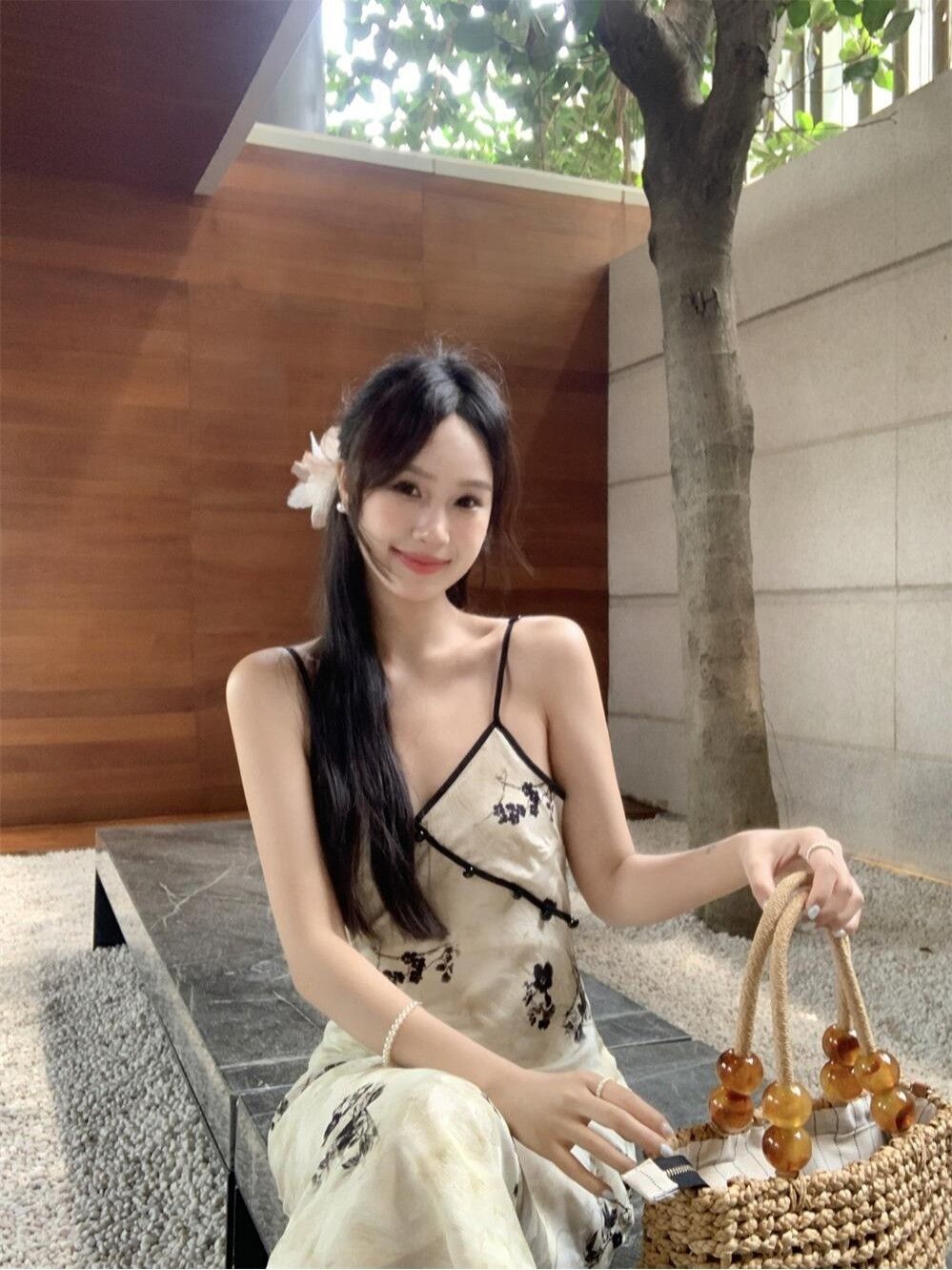 New Chinese-style printed suspender dress for women in summer new Chinese style buckle V-neck waist-hugging long skirt