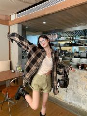 Original method of official picture 90 cotton Three-Biaoqi 2025 early autumn new retro long-sleeved plaid shirt jacket