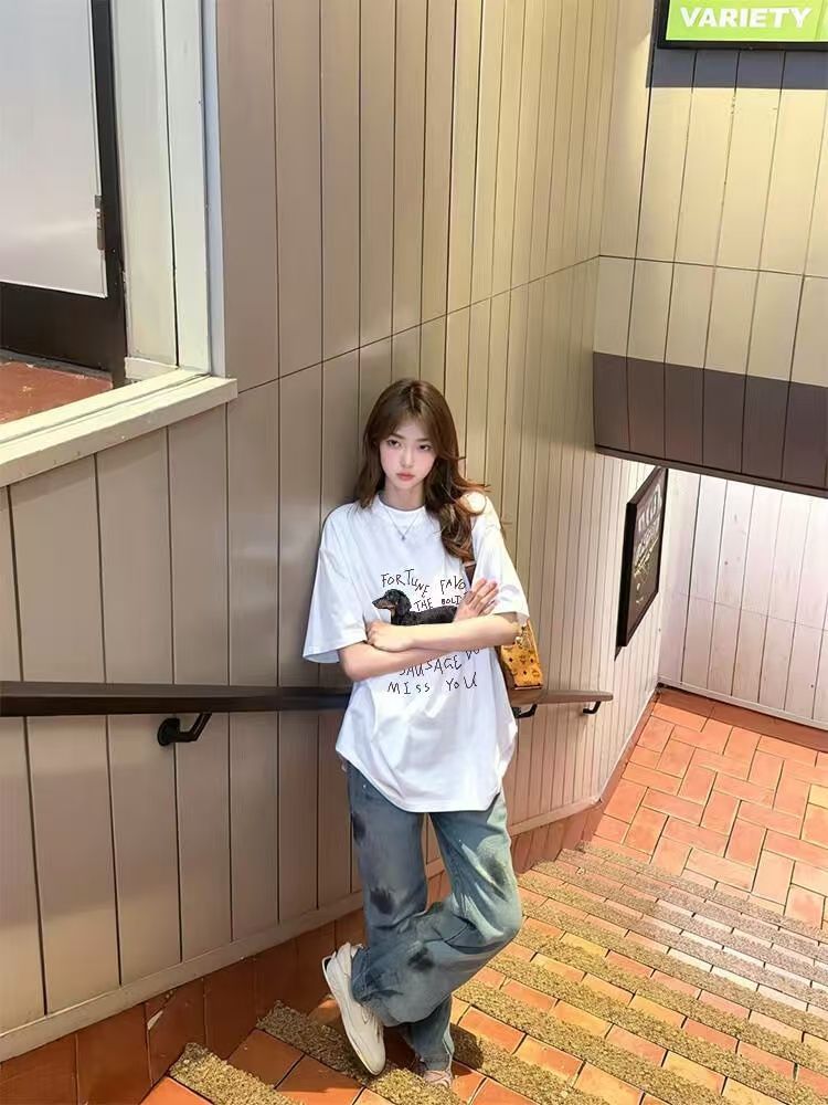 200g combed and tight-fitting sprinkler, pure cotton backpack, spring and summer loose shoulder printed short-sleeved T-shirt