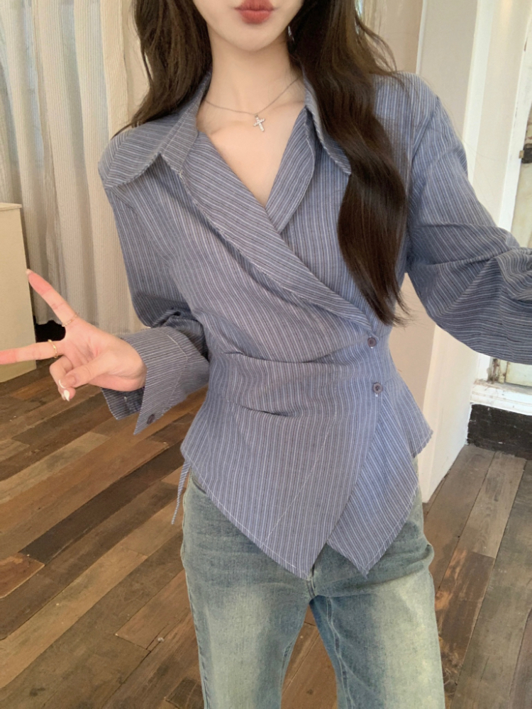 Real shot!  Korean-style design-sensory lapel tilt waist shirt women irregular striped long-sleeved shirt top