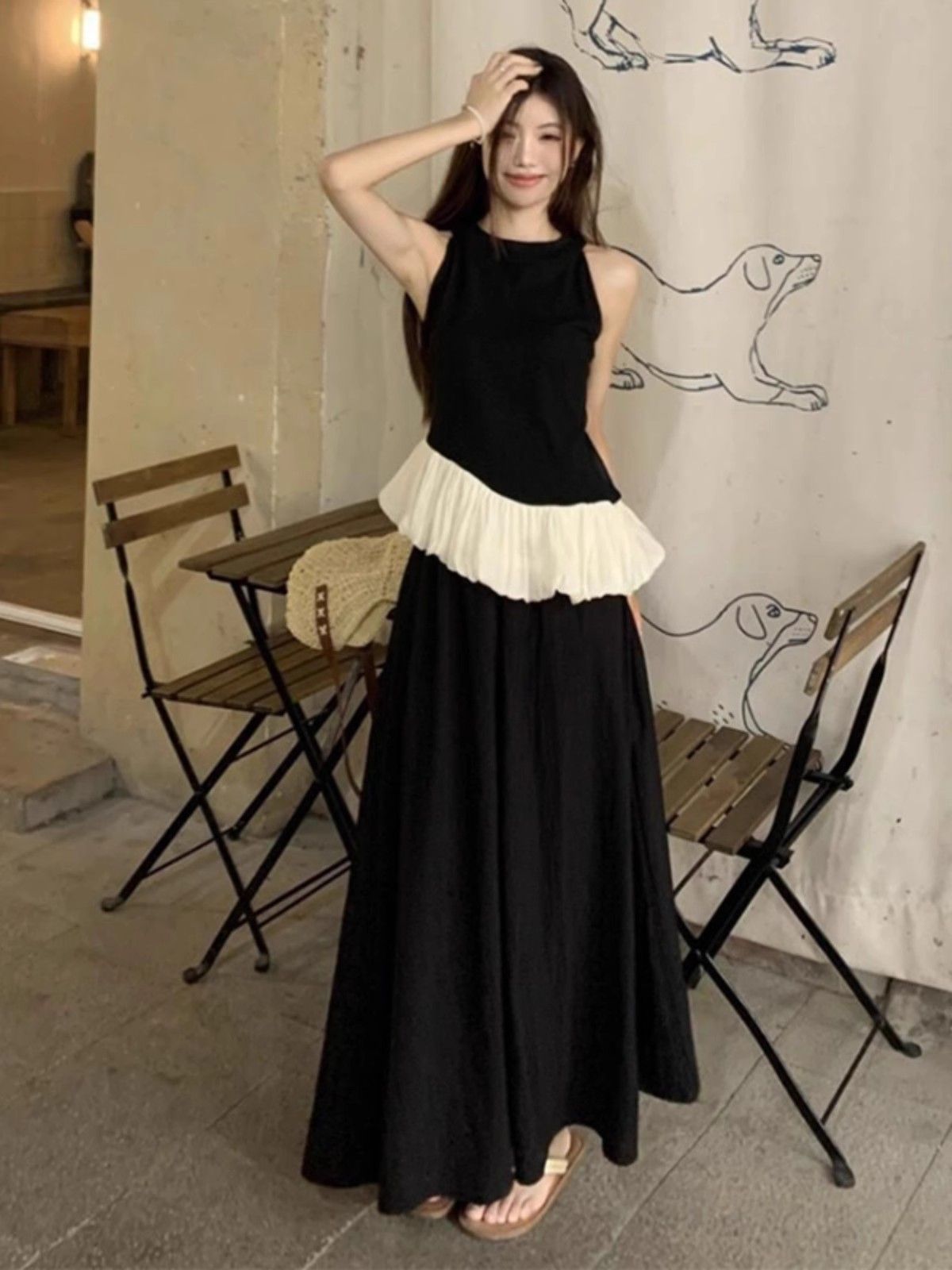 Irregular oblique ruffle edge splicing suspender dress for women in summer design and beautiful vest long skirt