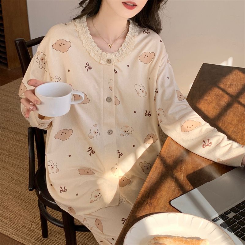 Real shot of 25 years new spring clothes with chest pad pajamas long sleeves cute sweet cartoon colorful cotton home clothing set