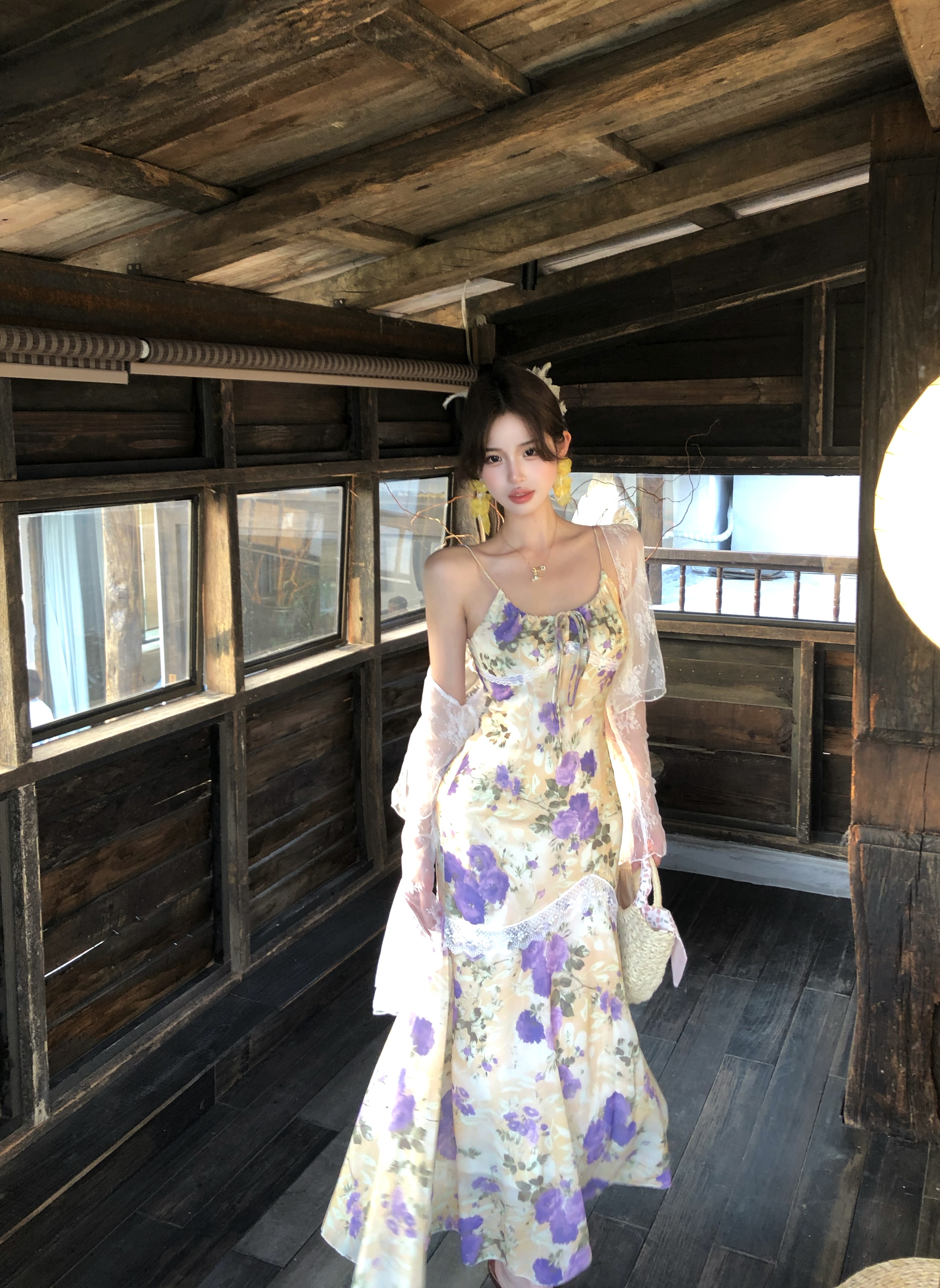 Real shot!  Spring outfit vacation long dress dress floral dopamine pure waist-pinching suspender fishtail skirt