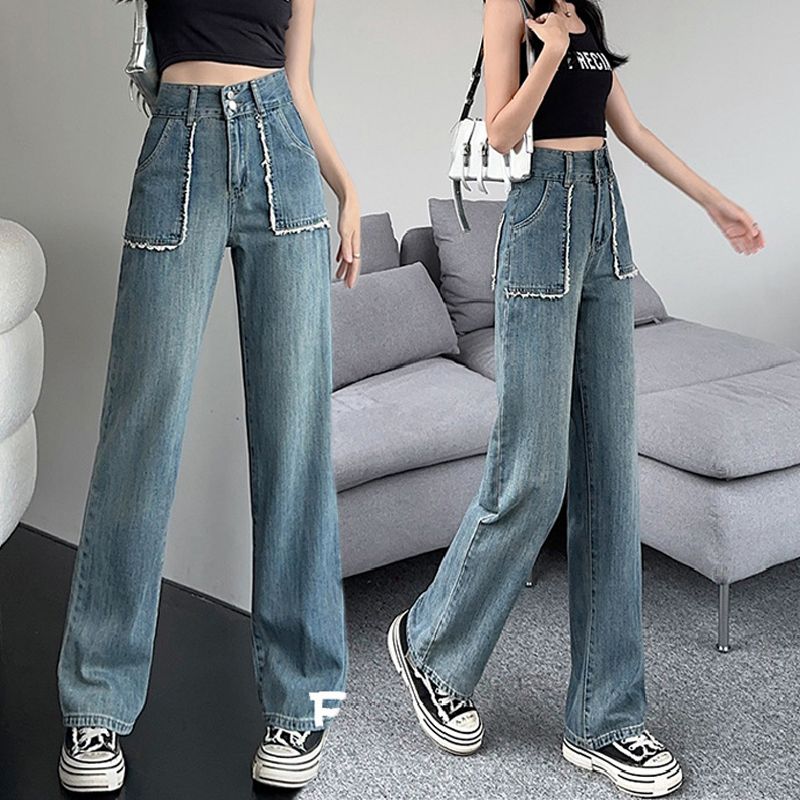 Wide-legged retro jeans for women in spring and summer 2025 new breasted slim slim personality Korean style straight trousers