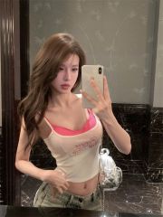 Sweet and cool hot girl color-blocking fake two-piece suspender vest for women in summer Korean style design letter printed short top