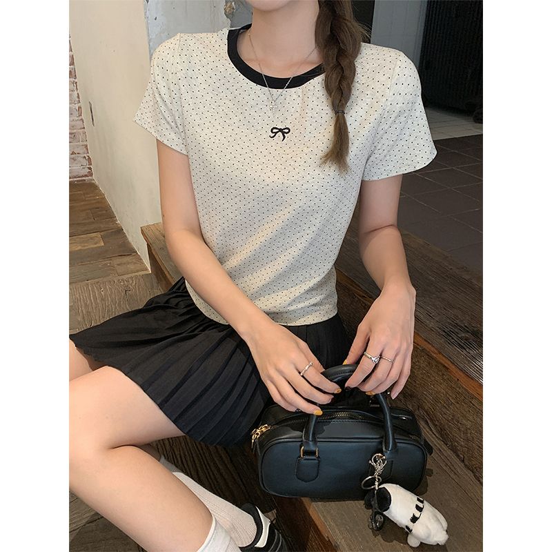 Real shot of new bow embroidered print Korean retro polka dot versatile sweet shoulder short-sleeved T-shirt