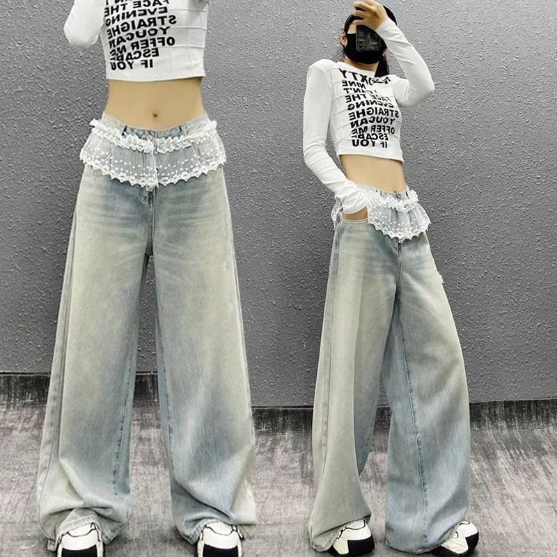 KAKAMEE Korean version spring new style washing process splicing lace skirt hem wide-leg jeans jeans women