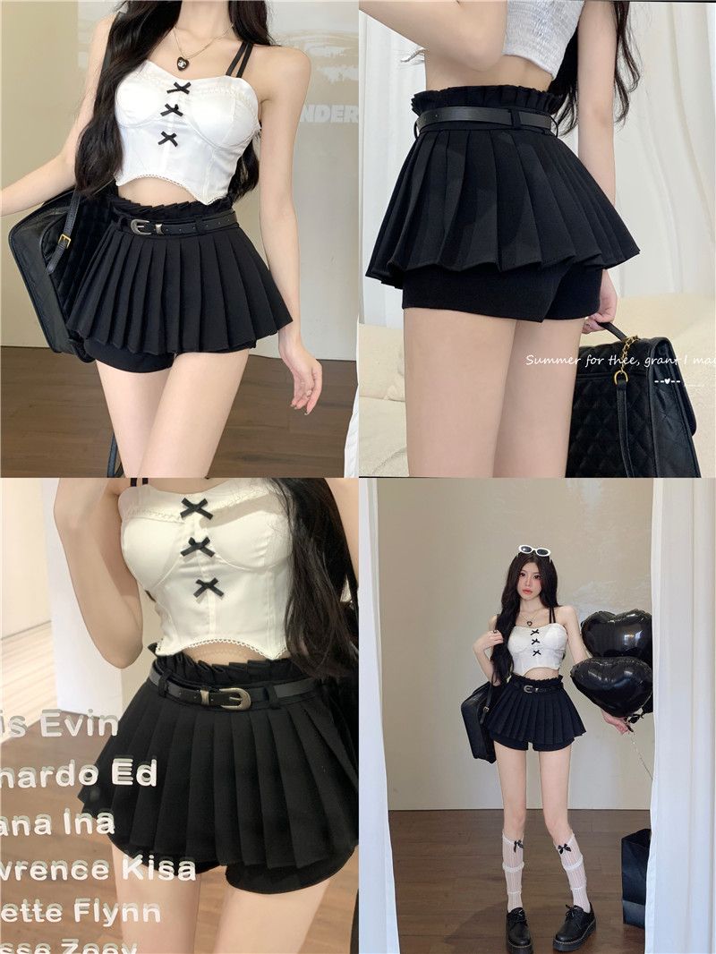 Real shot of new hot girl pleated skirt pants versatile slim and sexy high-waisted shorts with belt