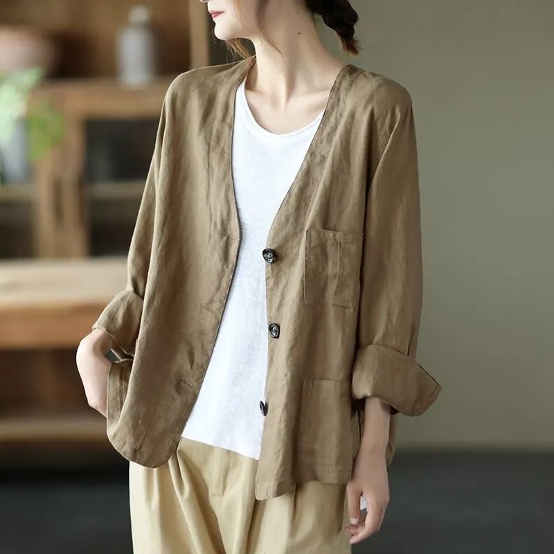 Cotton and linen short-sleeved loose large-size top women's summer thin style fashionable summer mother pure cotton shirt