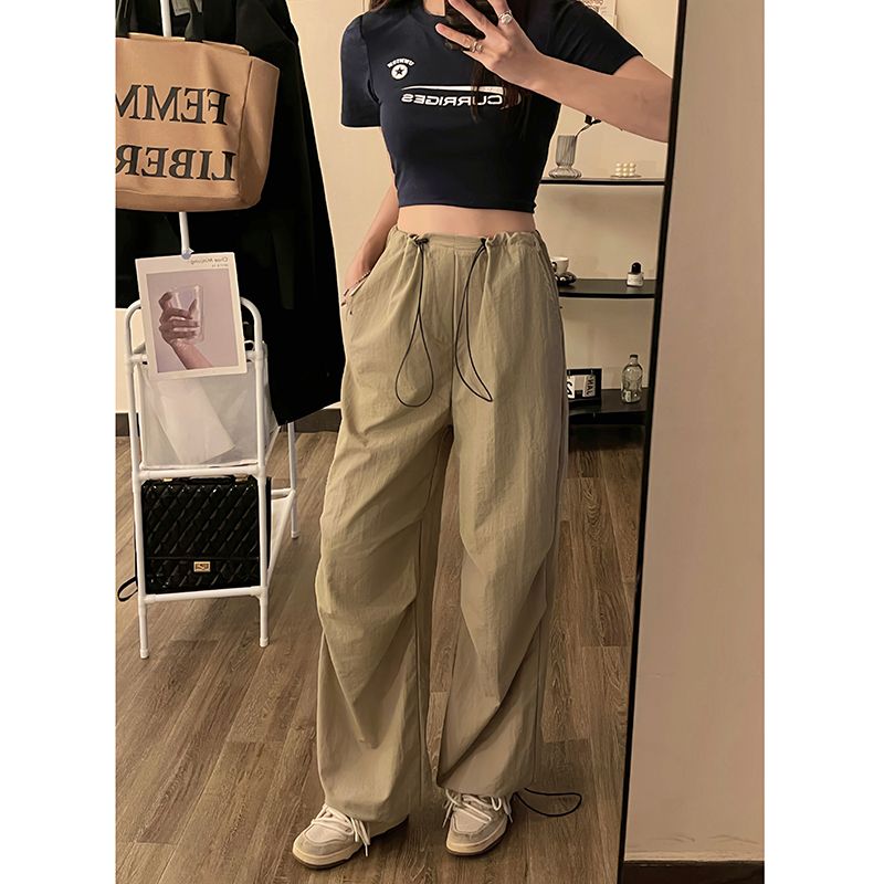 Real shot!  2025 personality work pants for women drawstring high waist straight-leg casual loose wide-leg pants