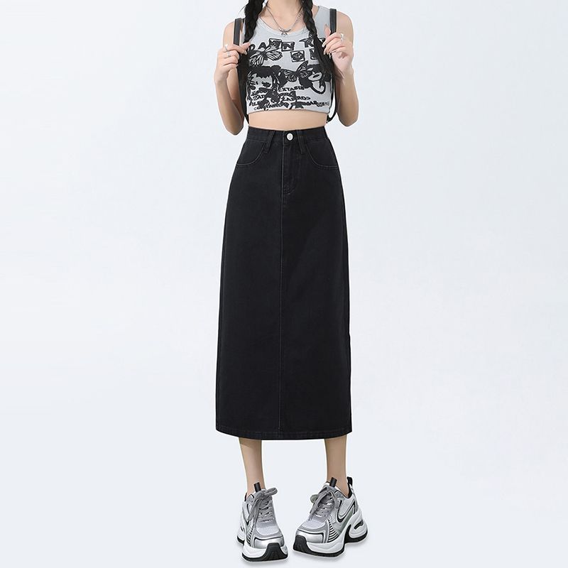 Fashionable and fashionable denim skirt for women in spring and summer mid-length new high-waisted A-line hip denim skirt