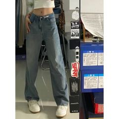 American retro blue high waist wide-leg jeans for women in spring new style narrow version loose slim straight trousers